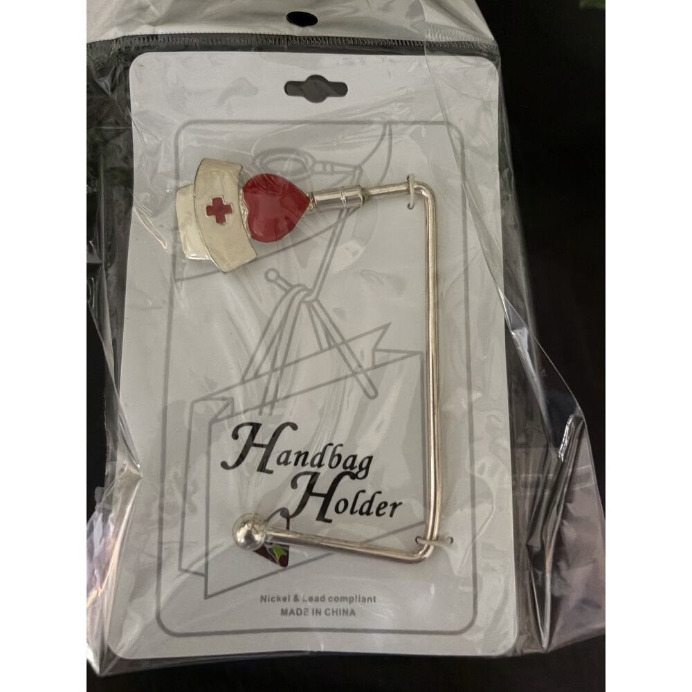 Cross Handbag Holder Silver Tone With Nurse Hat And Heart
